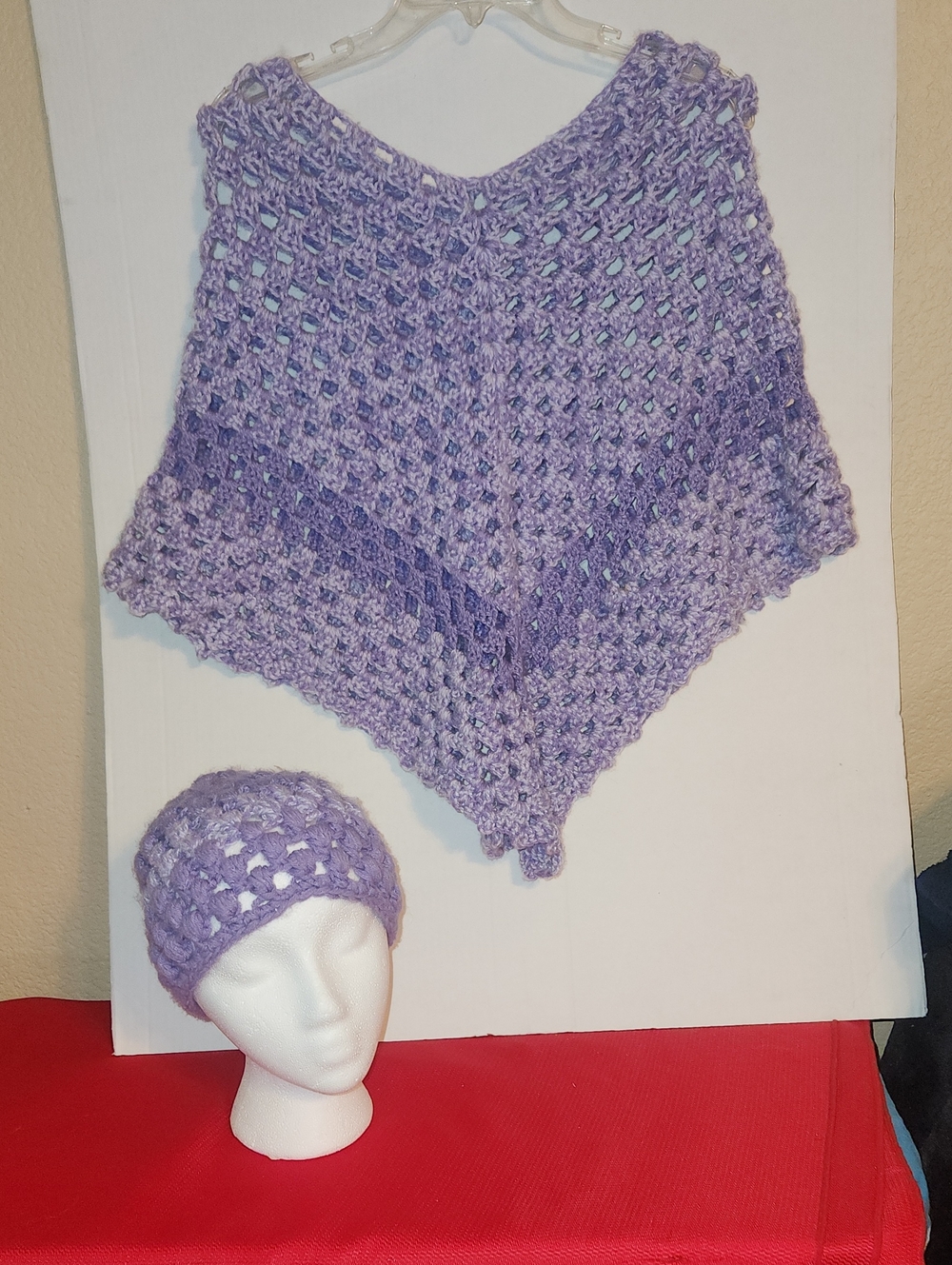 Handmade Lavender Crochet Poncho and Beanie Set - Women Accessories